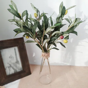 Kunstlik olive branch kunstlik 3-piik olive leaf tarvikud simulatsiooni taim seina kodu pulm teenetemärgi tarvikud