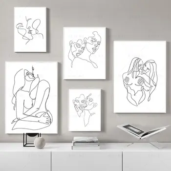 Minimalistlik Väljavalitu Plakat Kingitus Lesbi Naine Kiss Rida Juhtida Abstraktse Seina Art Lõuend Maali Must Valge Pilt Prindi Tuba Decor