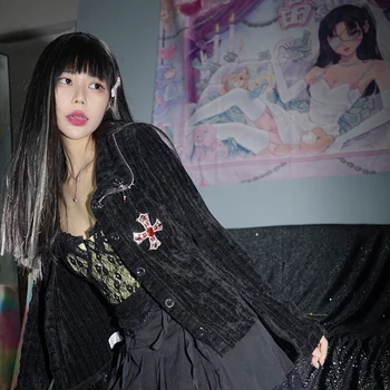 Jaapani Disainer Gooti Punk Silmkoelised Avatud Õmblema Y2K Kuum Tüdruk Risti Teemandid Profileerimine Subkultuuri Rock Streetwear Must Jope Naistele