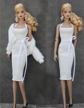 valged riided set / mantel + kududa kleit + vöö / käsitöö nukk 30cm riietus talvel kulumine komplekt 1/6 Xinyi FR ST Barbie Nukk
