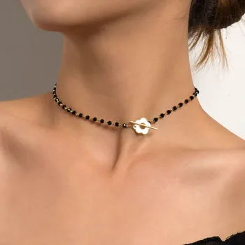 2022 Mood Luksus Black Crystal Glass Bead Chain Choker Kaelakee Naiste Lill Luku Krae Lühike Kaelakee Ehted