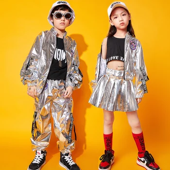 Hip-Hop Poiste Hõbedane Jakk Tüdrukutele Jazz Jogger Püksid Street Dance Mini Seelik Riiete Komplektid Kids Peep Varba Kingad Kostüümid Lapse Streetwear