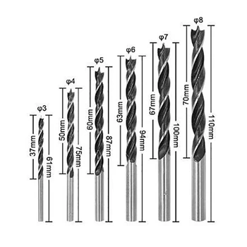 6tk 3-8mm Kolm-punkt Puit Drill Bit Set Kõrge Süsinikusisaldusega Teras Puidutöötlemine Vahend Spiraal Puuriterad Võimu Vahend Tarvikud